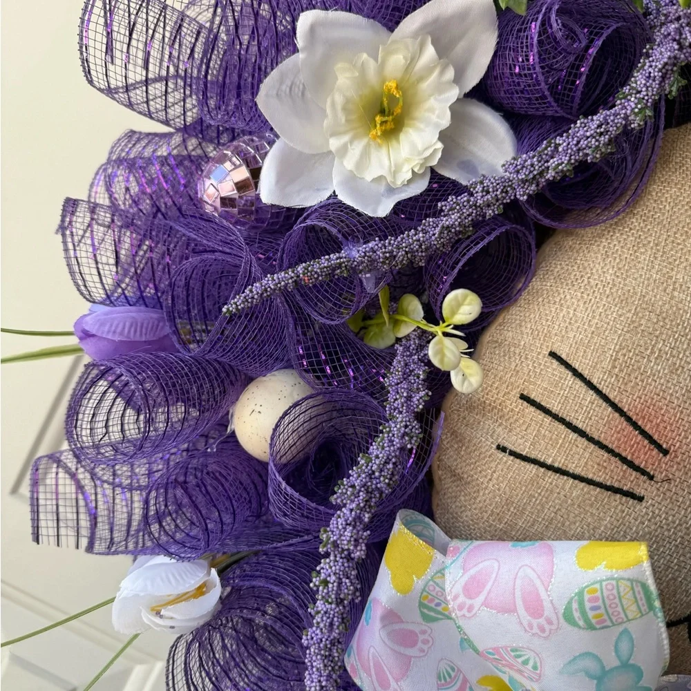Easter Bunny Wreath with Purple Mesh and Floral Accents